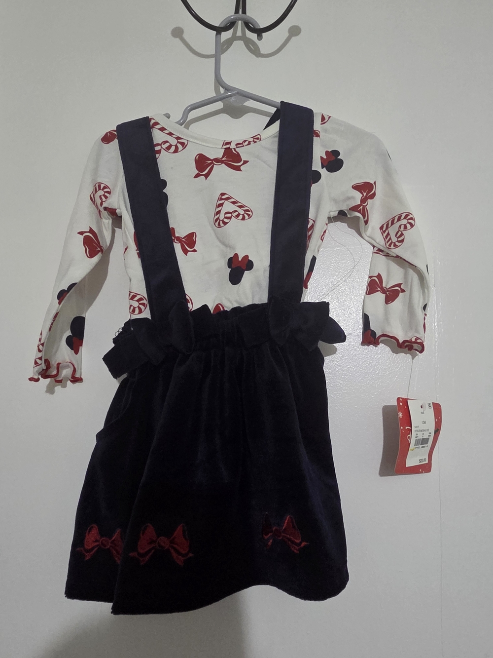 Disney Minnie Mouse Navy Velvet Suspender Skirt with White Red-Bow Print Top